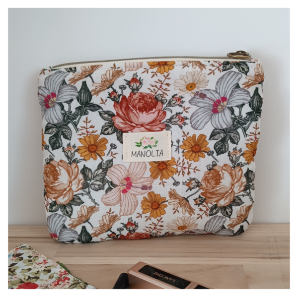 Pochette gaze de coton fleurs2 Trousse plate gaze de coton fleurs
