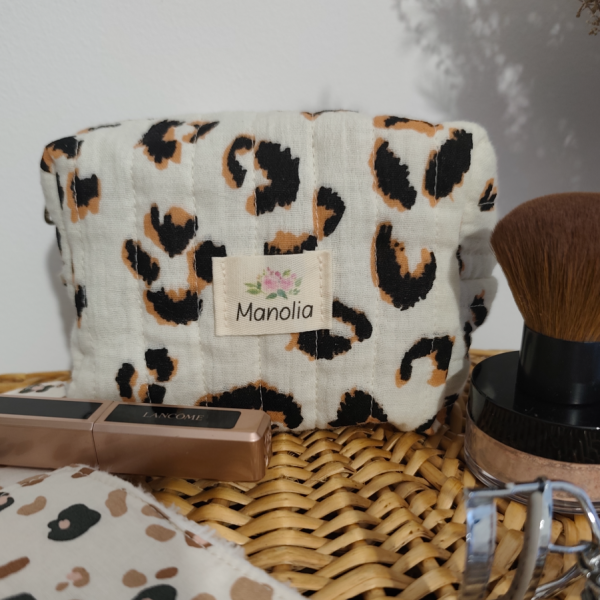 Trousse make-up gaze de coton léopard et coton enduit